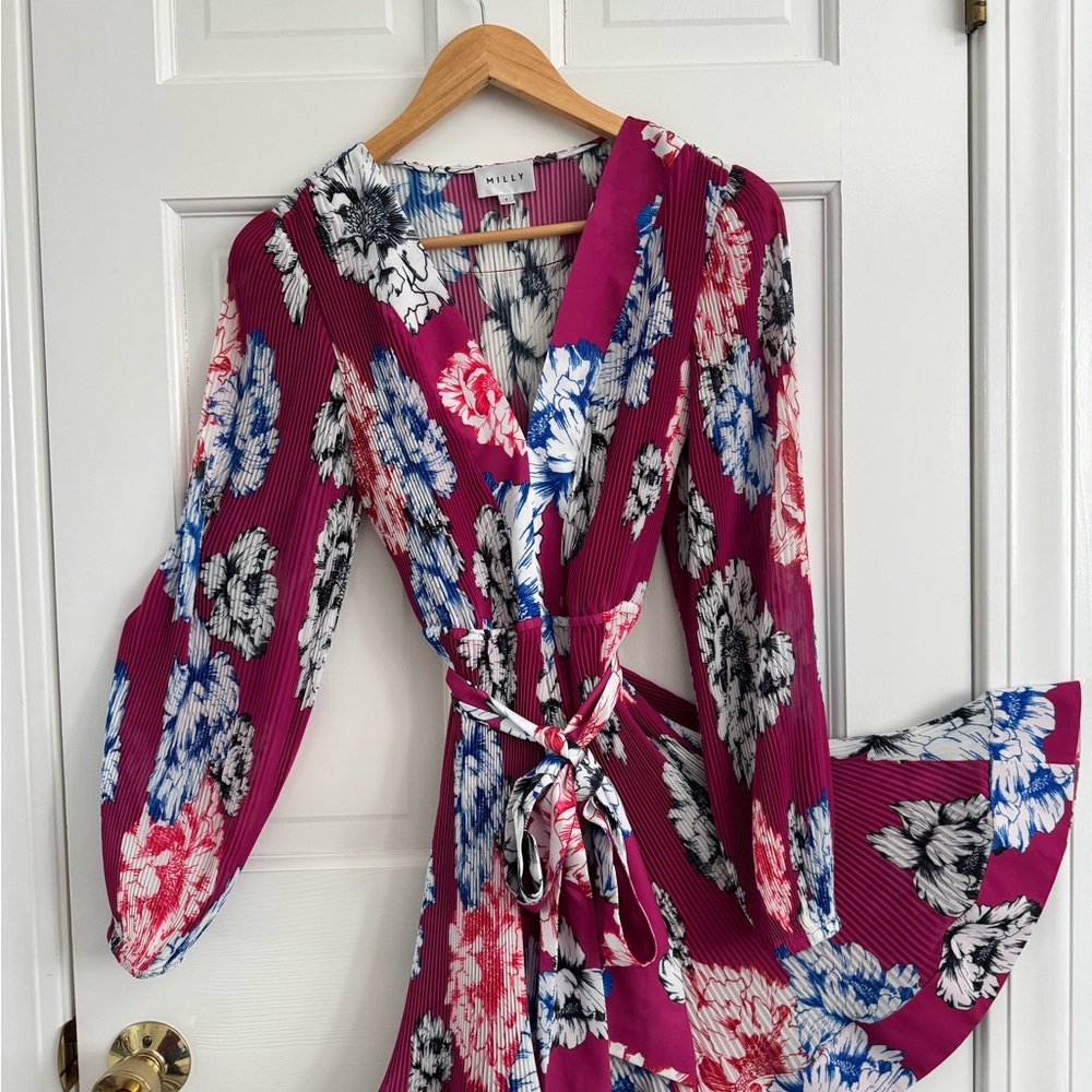 Milly Pink and Blue Floral Dress Liv Petals In Bloom Pleated Minidress - Picture 4 of 10
